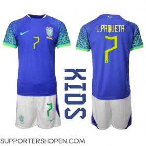 Brasilien Lucas Paqueta #7 Bortatröja Barn VM 2022 Kortärmad (+ korta byxor)